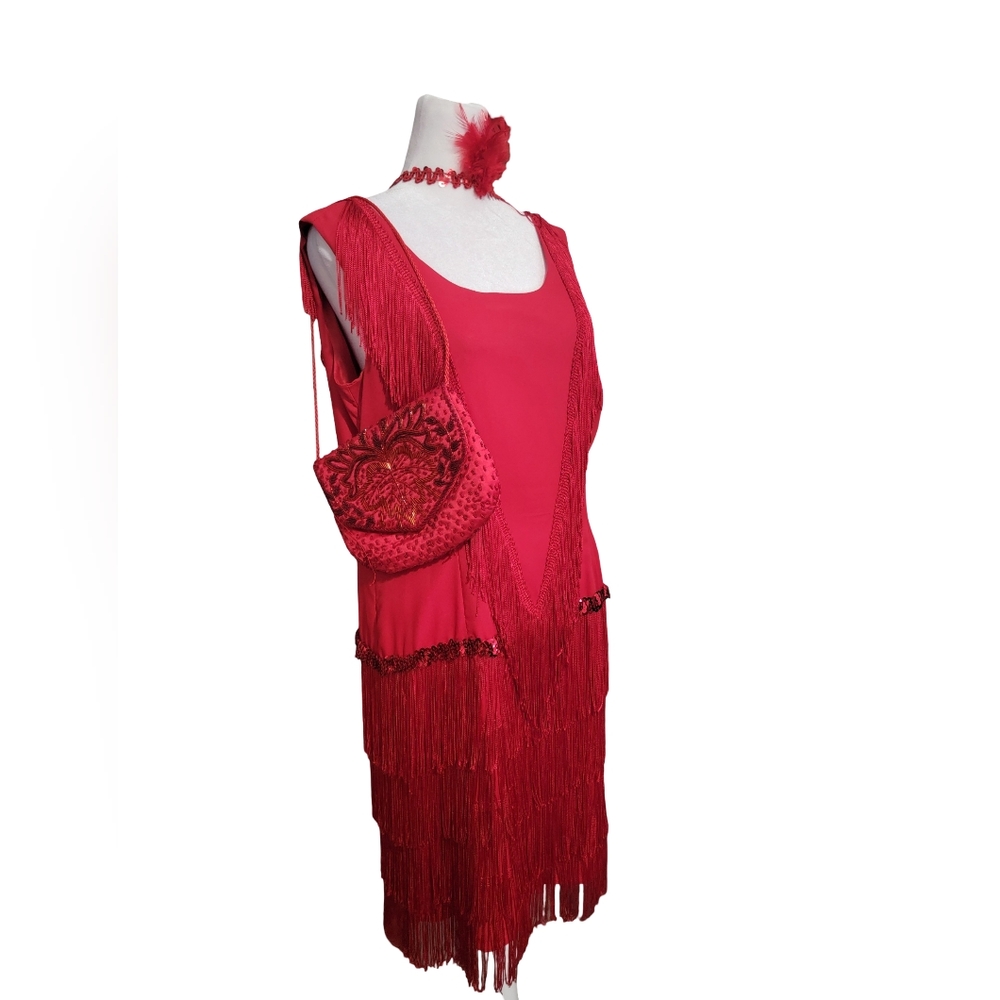 Elegant Red Fringe Vintage Inspired 1920s Flapper Gatsby Midi Dress Bag Headband